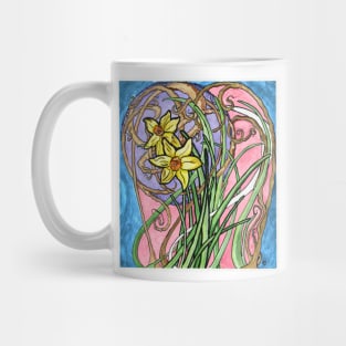 Two Daffodils and Branches Painting in Art Nouveau Style, Pastel Colors Mug